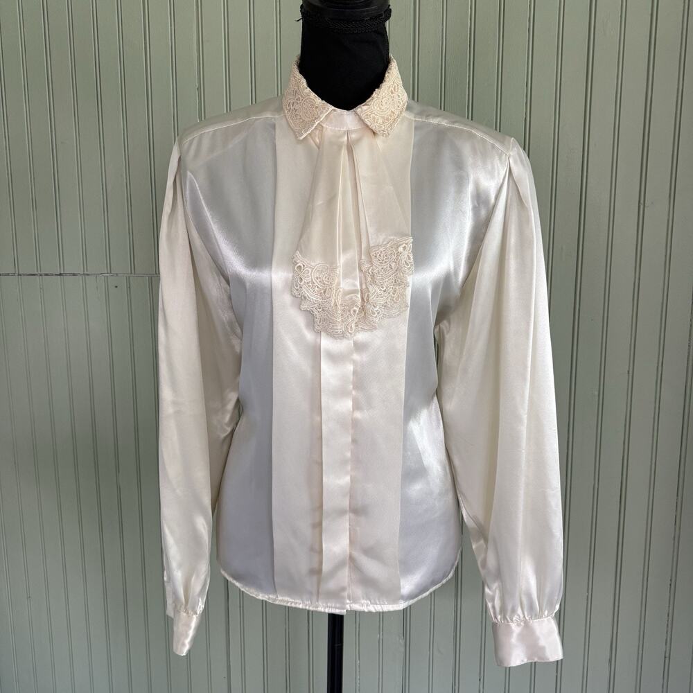 Vtg Dividends Ivory Satin Lace Jabot Collar Blouse Size 10 Victorian Romantic